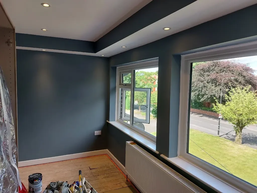 living-room-painting-lounge-feature-wallpaper-cheshire-painters Deep blue-grey bedroom feature walls with a white ceiling, painted by Cheshire Painters.