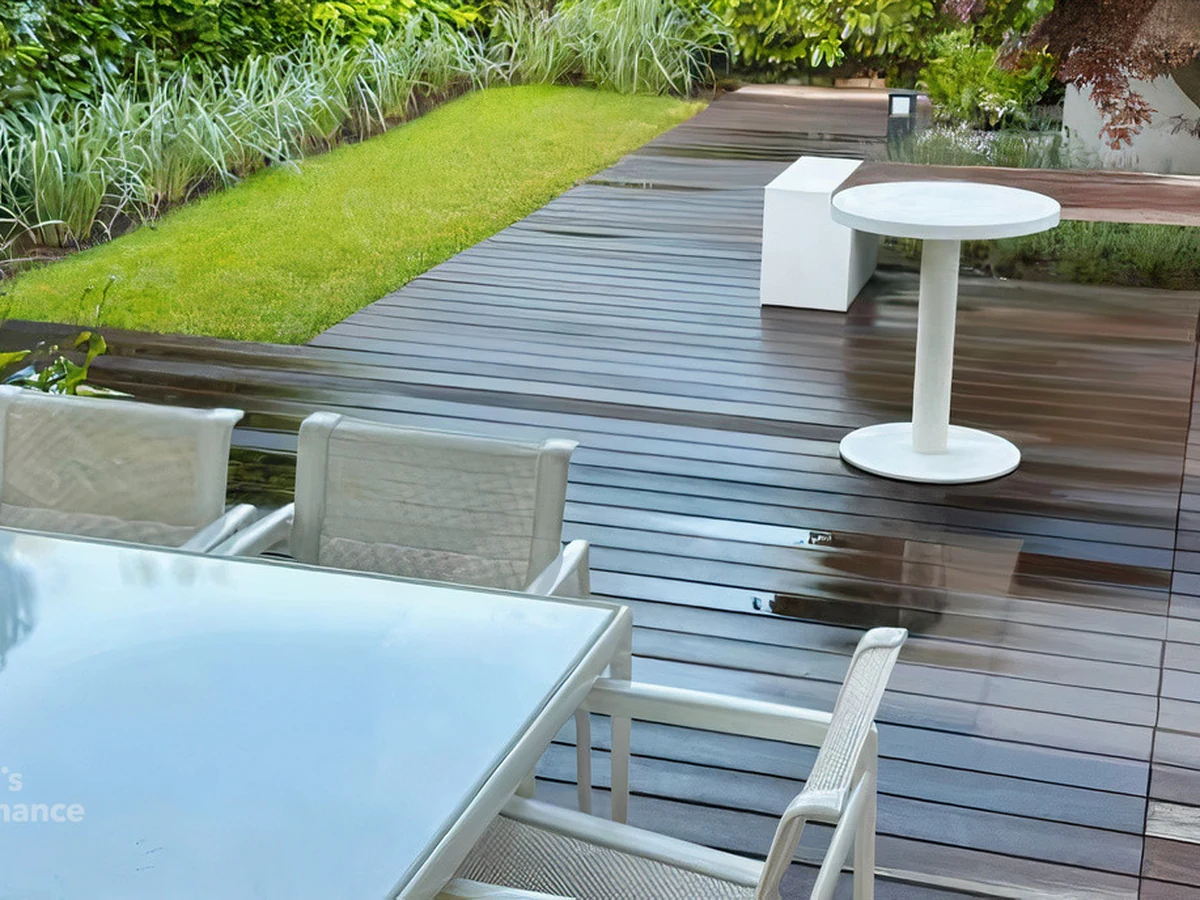 deck-painting-modern-garden-deck-cheshire-painters Garden deck with dining area treated by Cheshire Painters