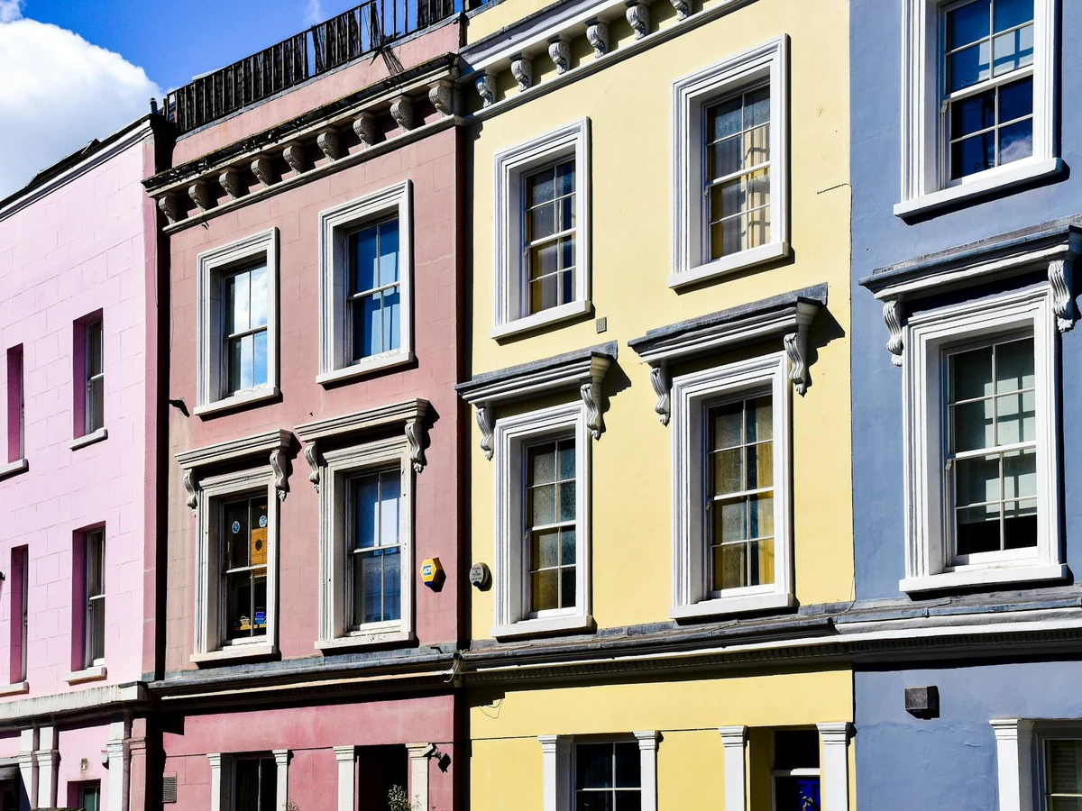 exterior-painting-colourful-terraced-house-cheshire-painters Victorian brick terrace masonry painting in Wilmslow