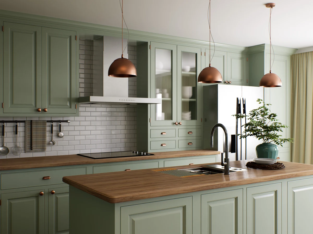 Sage green shaker kitchen Sage green shaker kitchen cabinets painted by Cheshire Painters in Wilmslow