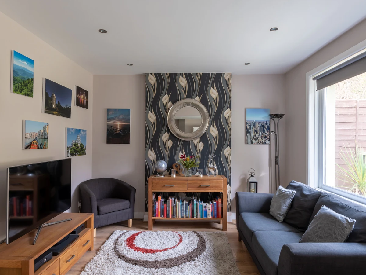 living-room-painting-lounge-feature-wallpaper-cheshire-painters Lounge with feature wallpaper installed by Cheshire Painters