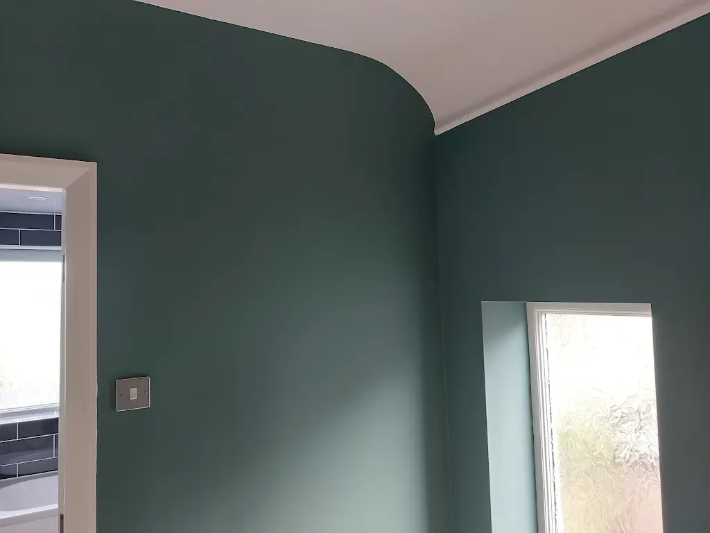 Hallway Painting 1 Smooth teal hallway wall with crisp white ceiling and trim, painted by Cheshire Painters.