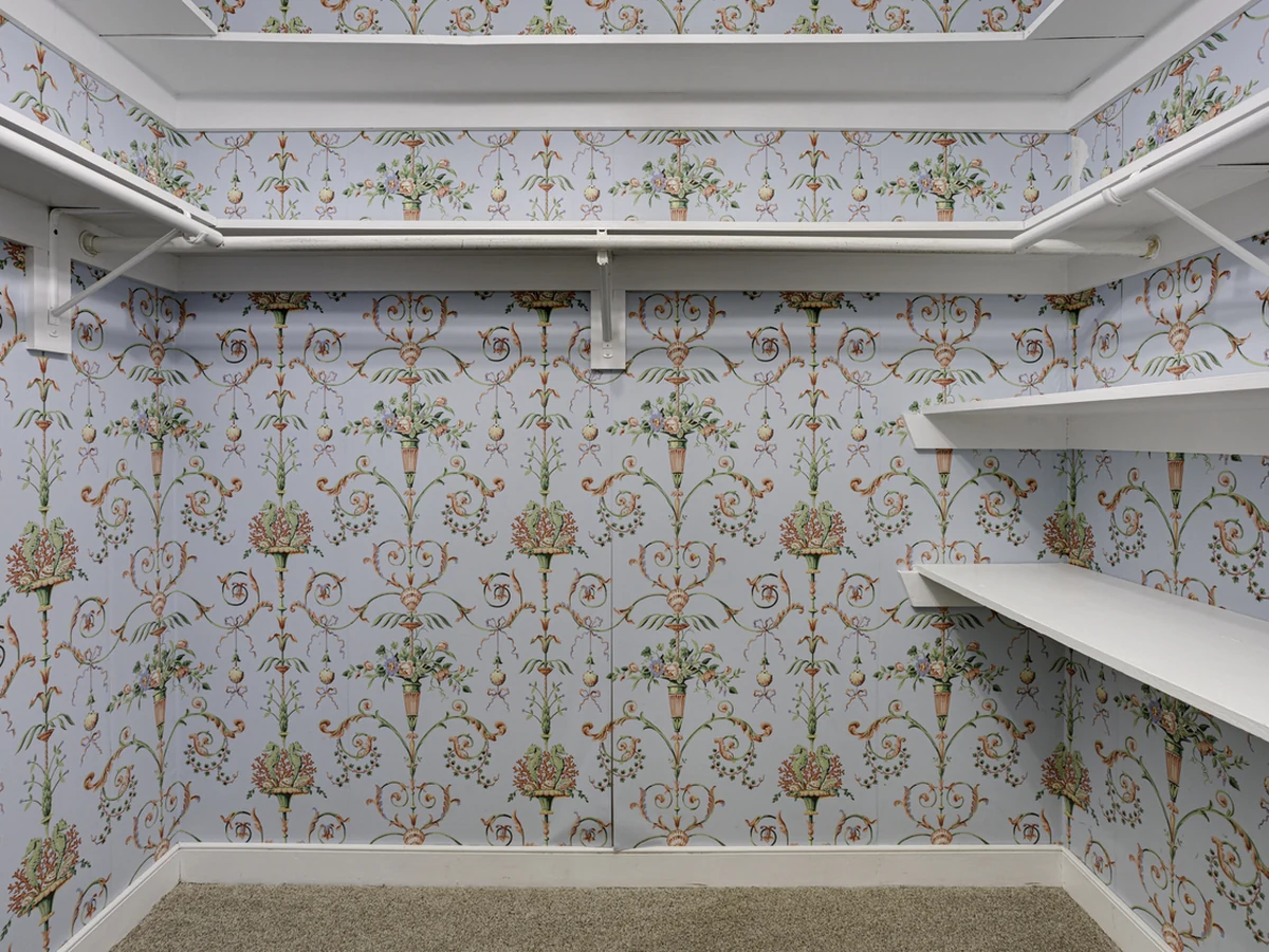 wallpapering-closet-interior-fully-cheshire-painters Wallpaper installation in Wilmslow - bold floral wallpaper by Cheshire Painters