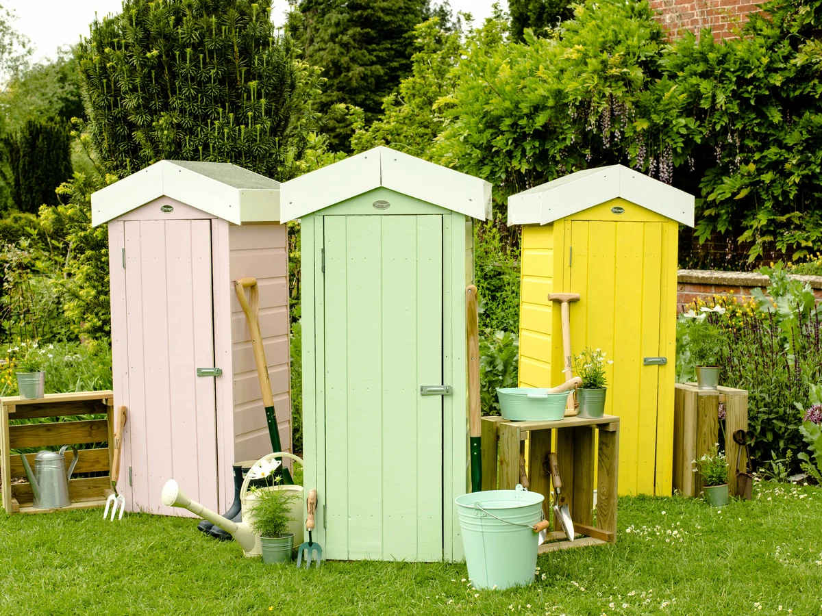 Three colourful garden sheds stained by Cheshire Painters